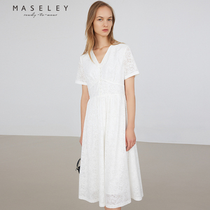 Maseley/玛塞莉连衣裙夏季新款修身法式优雅通勤小白裙女