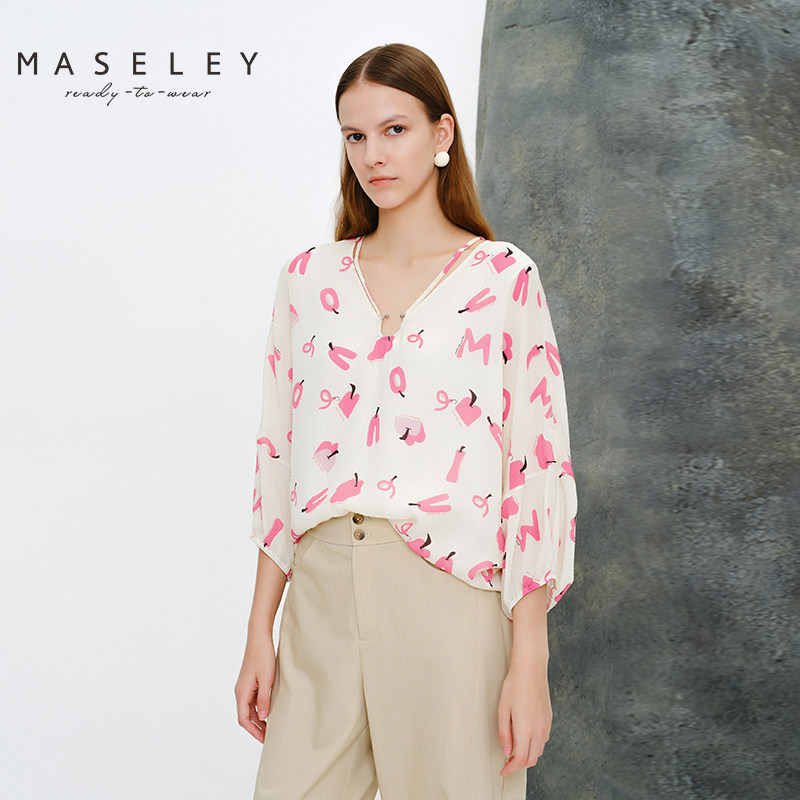 Maseley/玛塞莉年夏季新款红花T恤休闲百搭简约日常上衣女