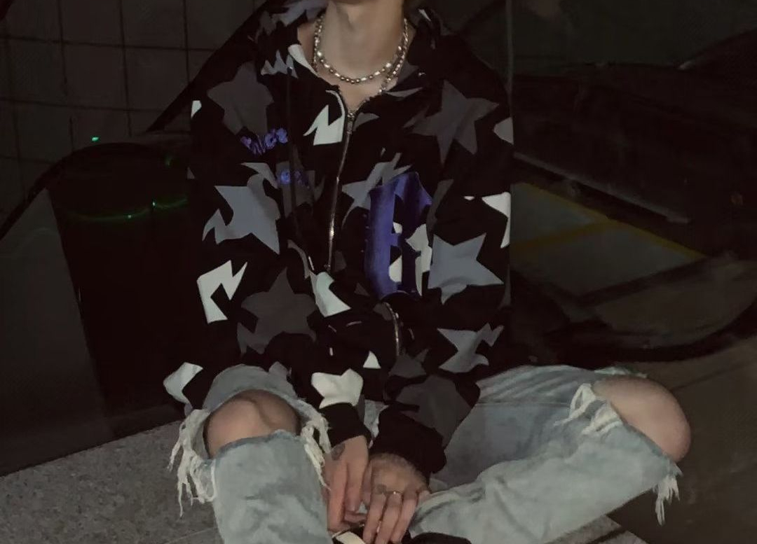 美式星星印花情侣连帽开衫