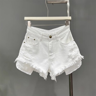 休闲破洞流苏白色短裤