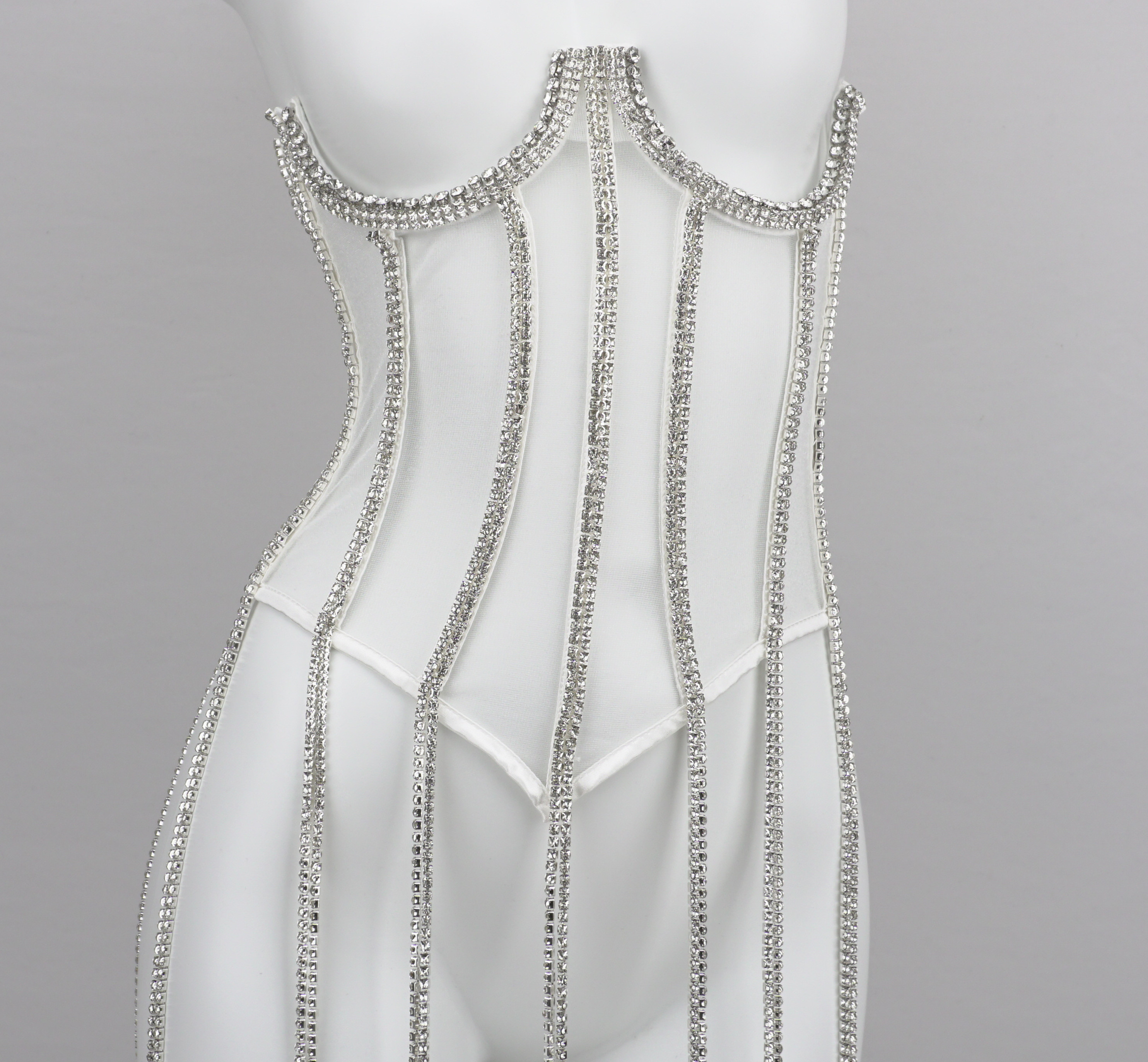 Rhinestone Sheer Lace Backless Bra亮水钻透明蕾丝外穿露背胸衣