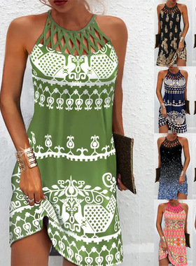 halterneck fashion print A-line skirt 网绳挂脖时尚印花A字裙