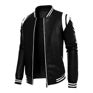 Fleece color-block PU leather jacket春秋季加绒款拼色PU皮夹克