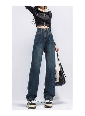 Bagged and fleece straight-leg jeans  女士贴袋加绒直筒牛仔裤