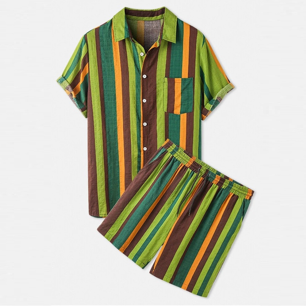 彩色条纹短袖衬衫短裤套装
