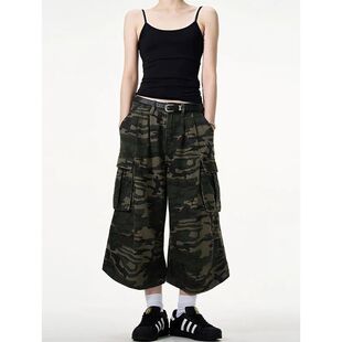 美式做旧迷彩宽松工装七分短裤Camo Distressed Cargo Shorts