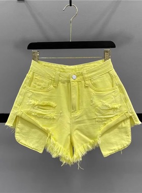 黄色A字阔腿牛仔热裤夏 Yellow A-line wide-leg denim hot pants