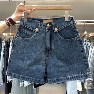 女Cuffed Shorts Denim Women line 设计感高腰翻边阔腿牛仔短裤