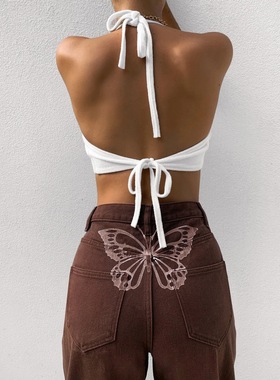 Women's High Waist Printed Straight Jeans女士印花直筒牛仔裤