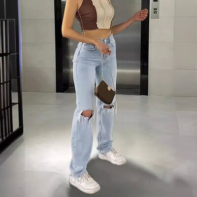 女装破洞高腰弹力直筒牛仔裤