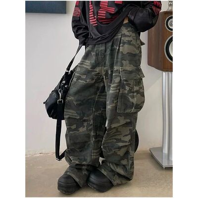 复古高腰宽松阔腿迷彩牛仔裤