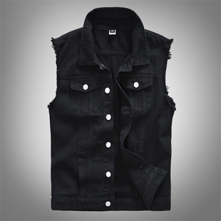 无袖毛边款牛仔马甲 Black sleeveless raw edge denim waistcoat