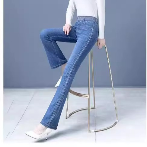 时尚松紧腰修身微喇牛仔裤