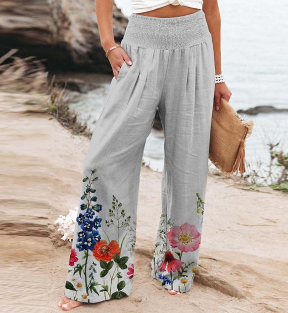 度假风高腰插袋阔腿裤