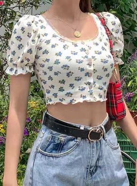 Waffle Cropped Short Sleeve Cardigan碎花华夫格短款泡泡袖开衫