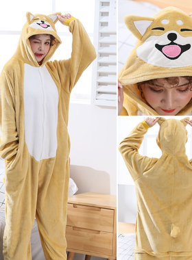 Flannel cartoon animal couple one piece pajamas情侣连体睡衣