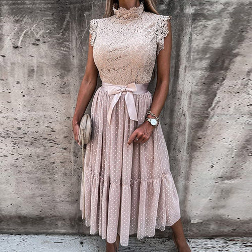 Mid Waist Sleeveless Turtleneck Lace Dress无袖高领蕾丝连衣裙