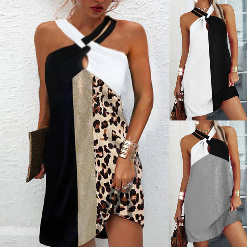 豹纹拼接挂脖露背A字裙