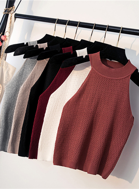 Crew Neck Sleeveless Knit Halter Tank Top圆领针织挂脖小背心