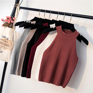 Crew Neck Sleeveless Knit Halter Tank Top圆领针织挂脖小背心