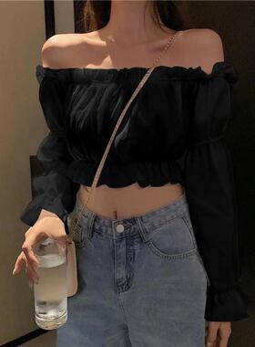 One word neck cropped T-shirt 甜美一字领高腰露脐短款女生T恤