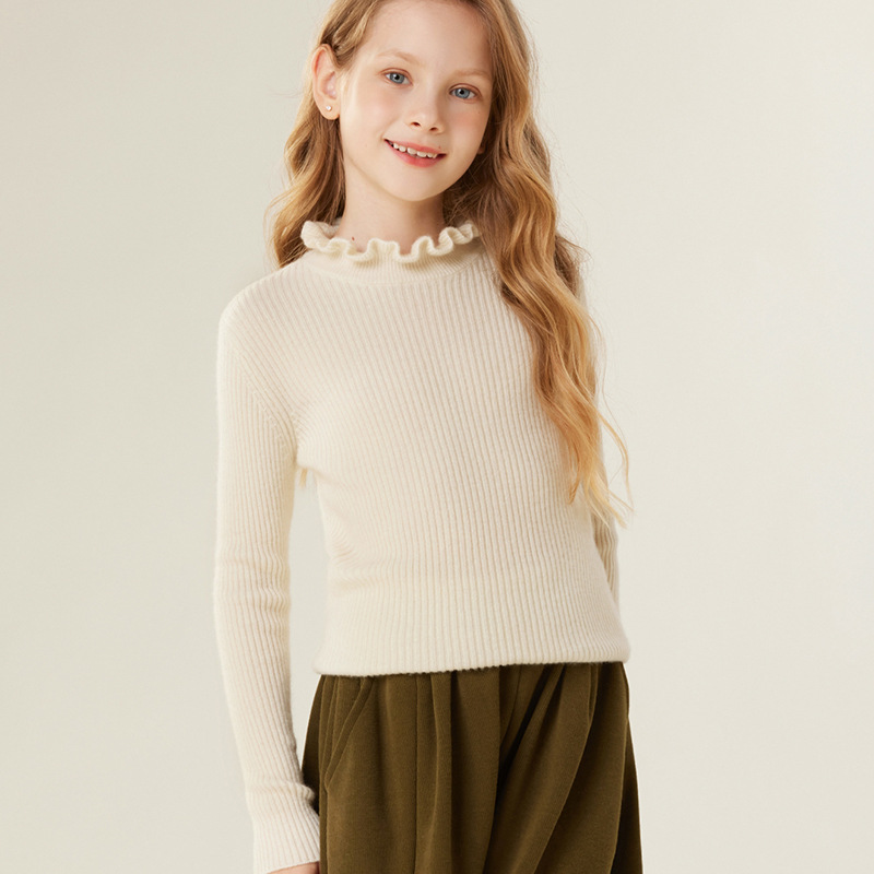【舒淇同款】秋冬季圆领女童木耳花边领儿童抽条羊绒衫毛衣套头小
