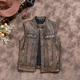 复古真皮马甲头层牛皮牛仔坎肩石磨做旧无袖 皮衣男士 立领机车上衣