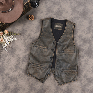 皮衣 无袖 男士 真皮马甲复古做旧纯皮机车背心头层牛皮V领坎肩修身