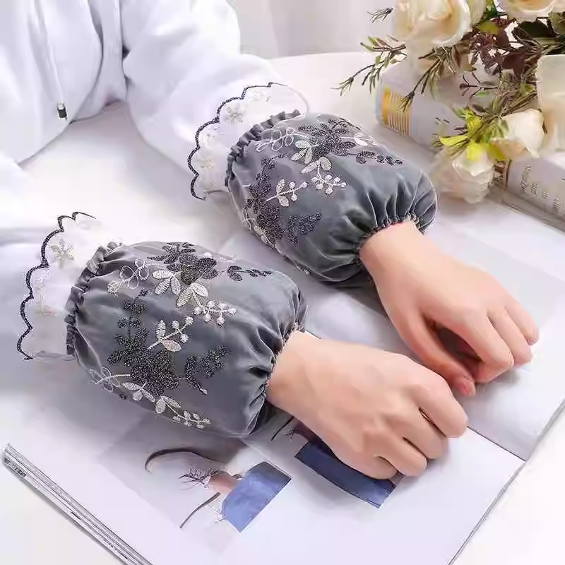 秋冬短款蕾丝袖套冬天女防污护袖袖头新款黑色办公室成人套袖秀套