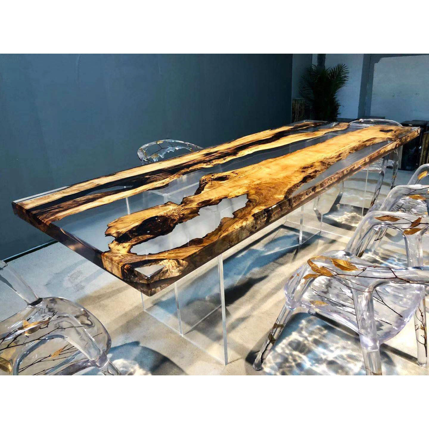 现代轻奢水晶透明黄金樟茶桌  亚克力树脂河流桌 可定制