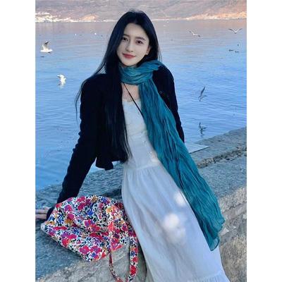 文艺风孔雀蓝围巾女复古压皱棉麻长款丝巾围脖披肩云南旅游度假风