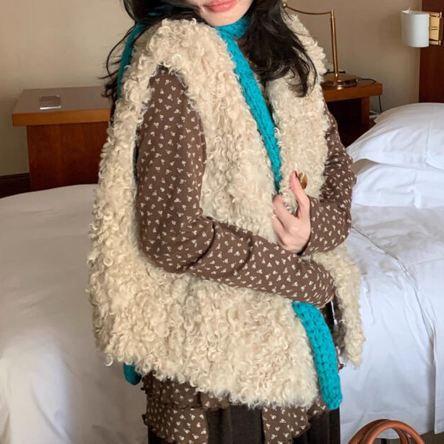 法棍围巾！湖蓝色针织法棍围巾女氛围感复古秋冬围脖毛线搭配撞色