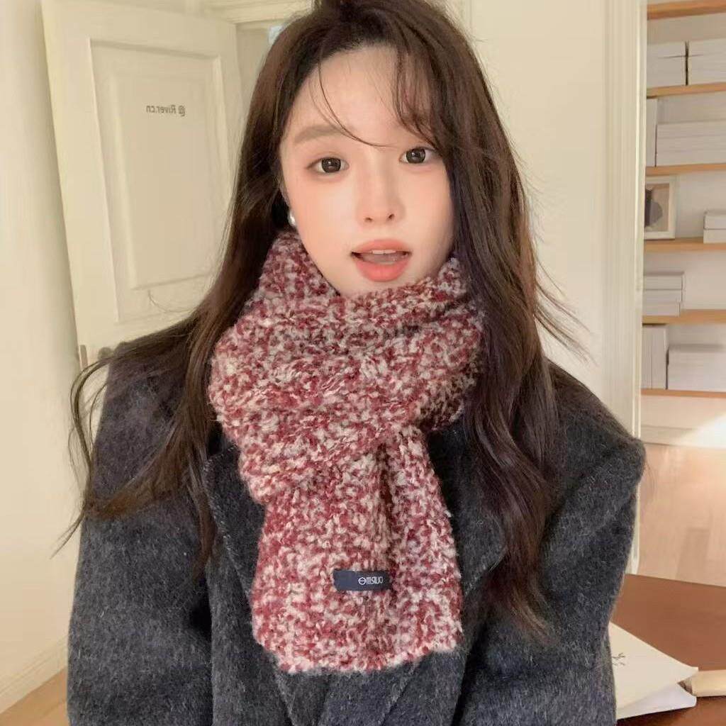 2025新款混色软糯毛线针织围巾女冬季韩版贴布小标保暖围脖情侣男