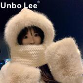 Unbo Lee纯色大毛绒帽子围巾手套女秋冬出游护耳连帽保暖骑车防寒