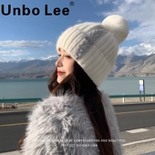 百搭保暖针织毛线帽冬季 Unbo Lee字母毛球帽子女时尚 加绒加厚护耳