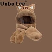 Unbo Lee猫耳帽子三件套女冬季 保暖加绒骑车围巾手套一体护耳帽子
