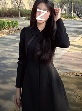 微胖千金风黑色翻领长袖连衣裙女法式新款收腰显瘦通勤优雅气质裙