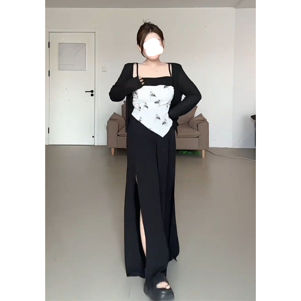 微胖时尚设计感水墨印花吊带开叉裤裙开衫套装女新款宽松显瘦百搭