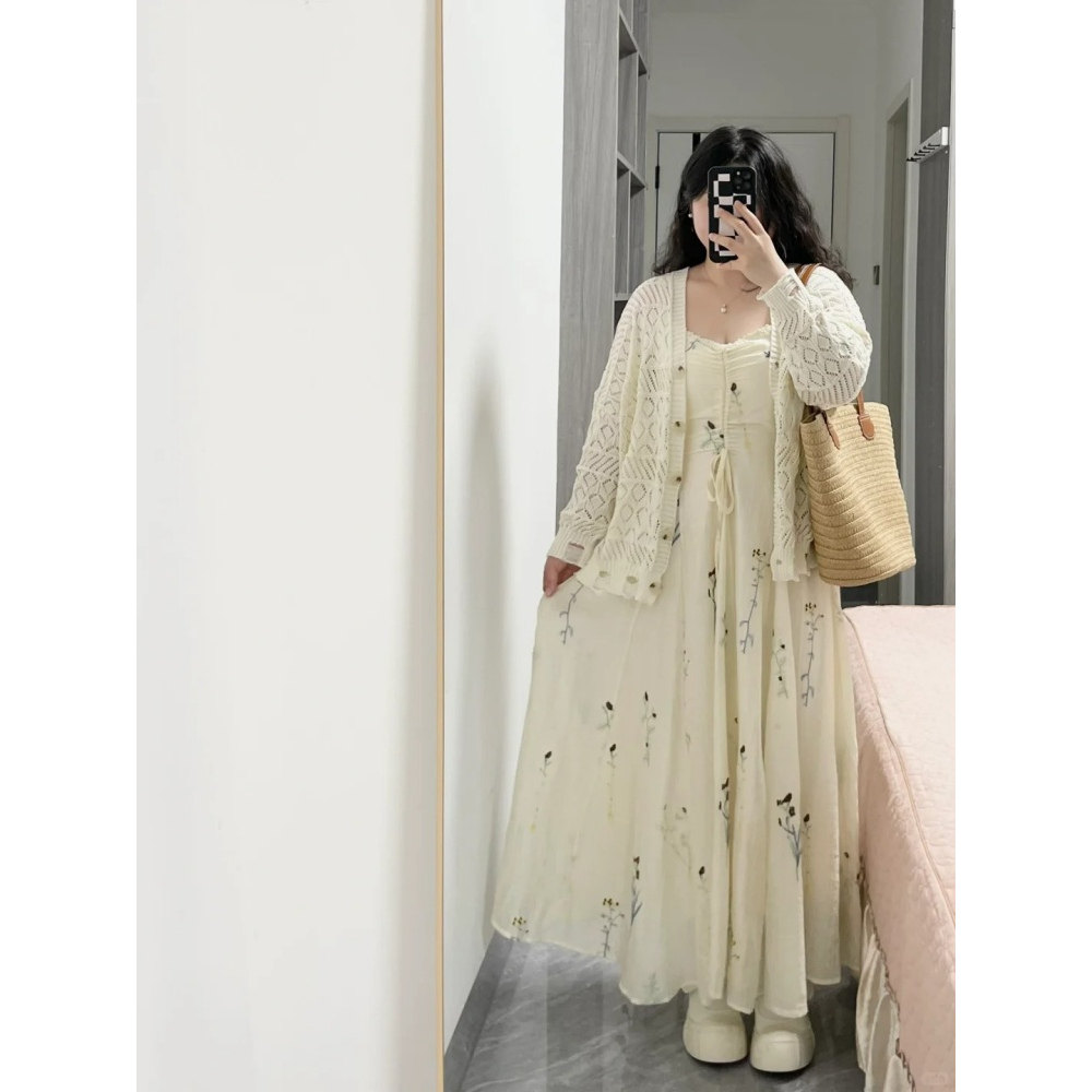 大码mm纯欲美式时尚设计绑带碎花吊带连衣裙开衫显瘦超好看两件套,女装/女士精品,时尚套装,淘宝优惠券,粉丝福利购,淘宝优惠卷