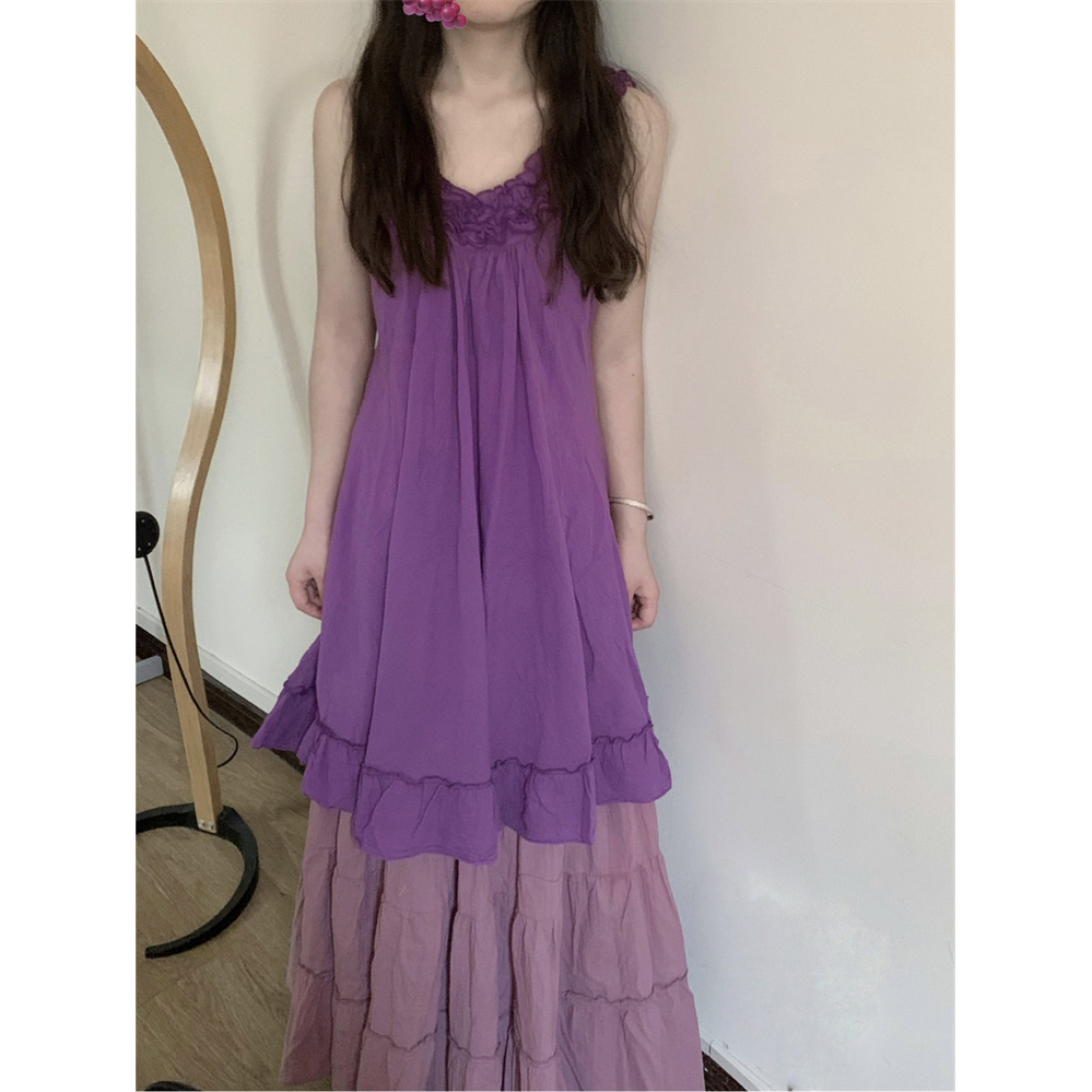 极简慵懒风紫色吊带连衣裙女夏季新款气质显瘦吊带+半身裙两件套