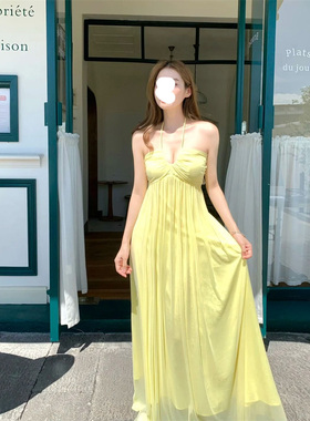 夏日度假黄色网纱露背连衣裙新款高级名媛气质A字裙抹胸系带长裙