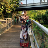 法式 复古宫廷风绝美气质长裙ins性感一字领古着感油画印花长裙潮