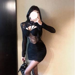 韩版 微胖mm性感设计镂空包臀裙 纯欲风蕾丝拼接辣妹黑色连衣裙新款
