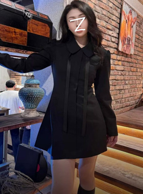 法式新款通勤风微胖黑色连衣裙女长袖翻领修身蝴蝶结千金感气质裙