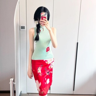 夏季时尚设计感镂空立领无袖上衣女性感新中式显瘦印花半裙两件套