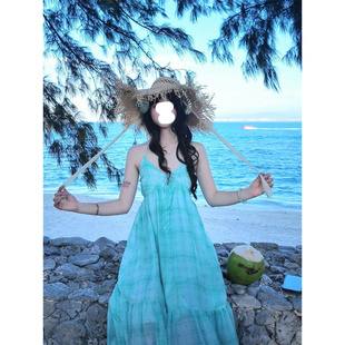 微胖海边度假风蓝色挂脖吊带连衣裙子女夏季新款气质显瘦露背长裙