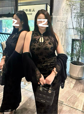 新中式国风改良黑色旗袍连衣裙女今年新款微胖mm复古修身显瘦长裙