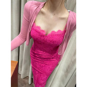 显瘦粉色开衫 微胖纯欲风性感蕾丝吊带连衣裙女新款 修身 外套两件套