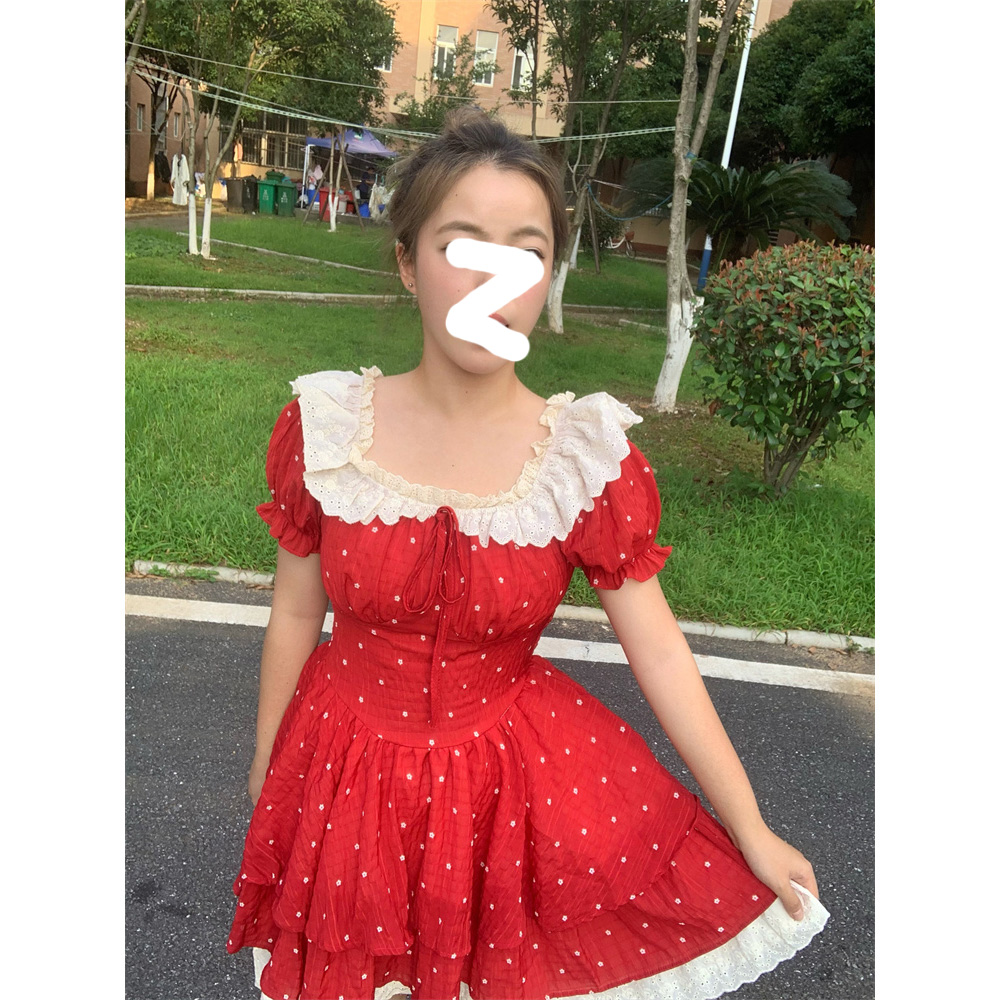 法式时尚气质甜美可爱风新款收腰显瘦波点叠层短袖微胖花边连衣裙
