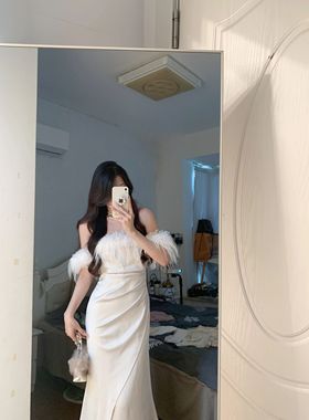 法式性感一字领毛毛边拼接设计感长裙纯欲风白色修身气质连衣裙女